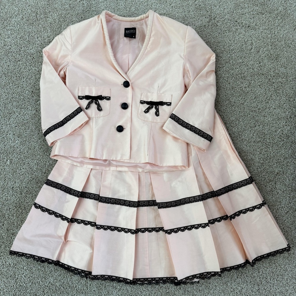 Vintage Bigio Collection Skirt Suit Womens 6 Pink Silk Lace Trim 3 Button USA